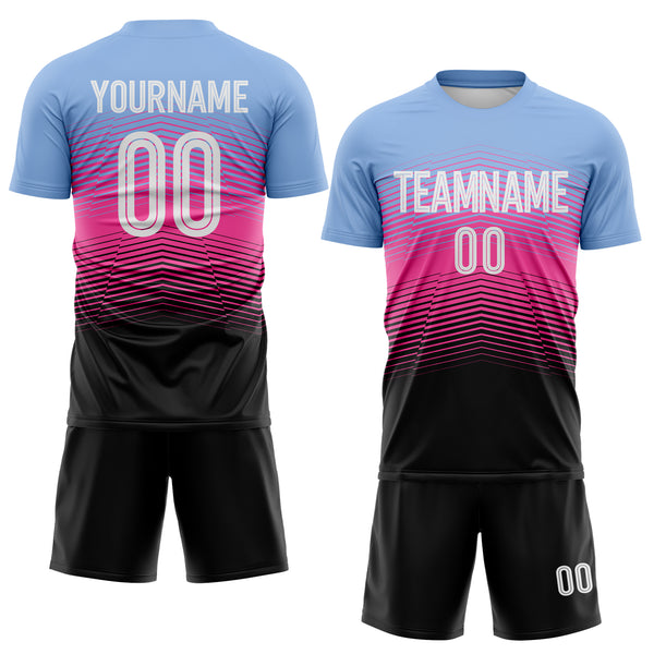 Custom Light Blue White Pink-Black Gradient V Stripe Sublimation Soccer Uniform Jersey