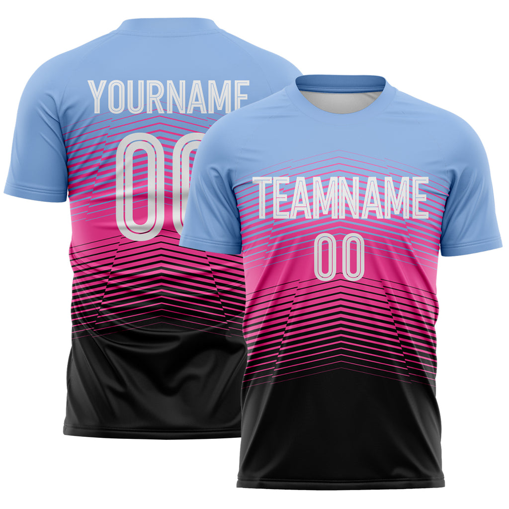 Custom Light Blue White Pink-Black Gradient V Stripe Sublimation Soccer Uniform Jersey