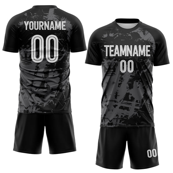 Custom Black White-Steel Gray Brush Stroke Splatter Sublimation Soccer Uniform Jersey