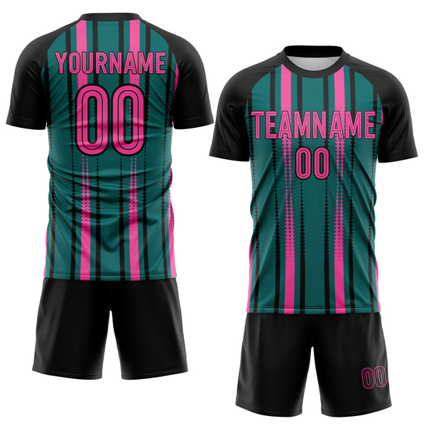Custom Teal Pink-Black Vertical Stripe Sublimation Soccer Uniform Jersey