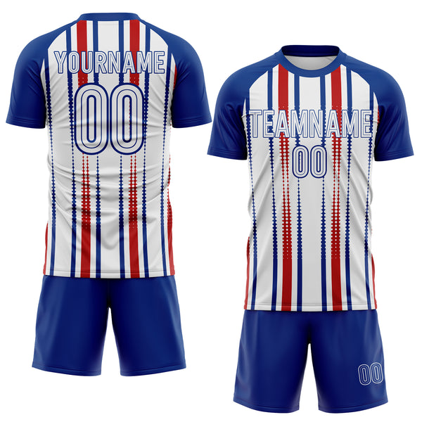 Custom Royal White-Red Vertical Stripe England Style Sublimation Soccer Uniform Jersey