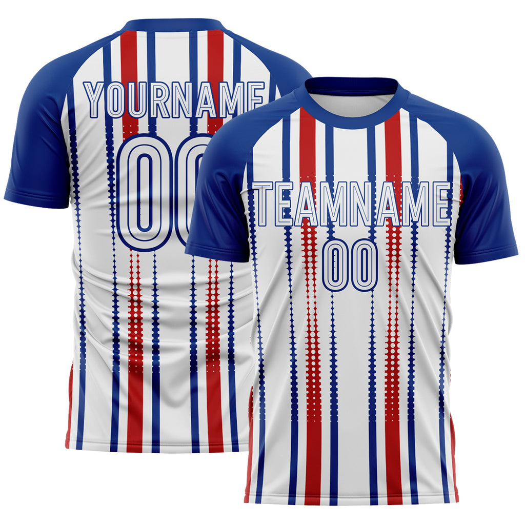 Custom Royal White-Red Vertical Stripe England Style Sublimation Soccer Uniform Jersey