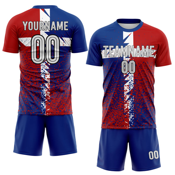 Custom Royal White Red-Black Distressed Splatter England Style Sublimation Soccer Uniform Jersey