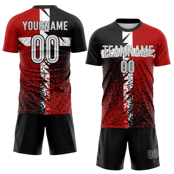 Custom Black White-Red Distressed Splatter Sublimation Soccer Uniform Jersey