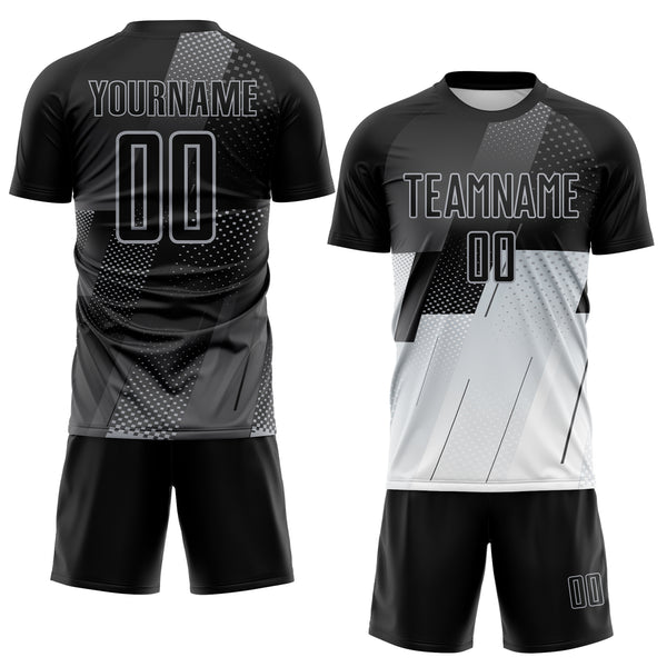Custom Black Gray-White Geometric Diagonal Block Halftone Grid Sublimation Soccer Uniform Jersey