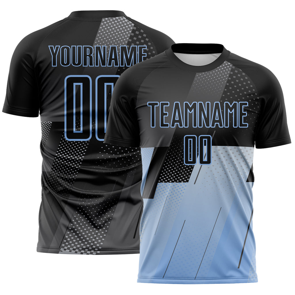 Custom Black Gray-Light Blue Geometric Diagonal Block Halftone Grid Sublimation Soccer Uniform Jersey