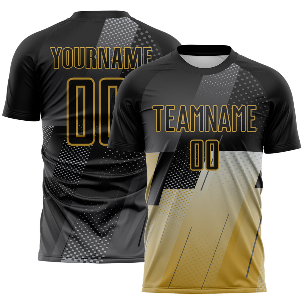 Custom Black Gray-Old Gold Geometric Diagonal Block Halftone Grid Sublimation Soccer Uniform Jersey