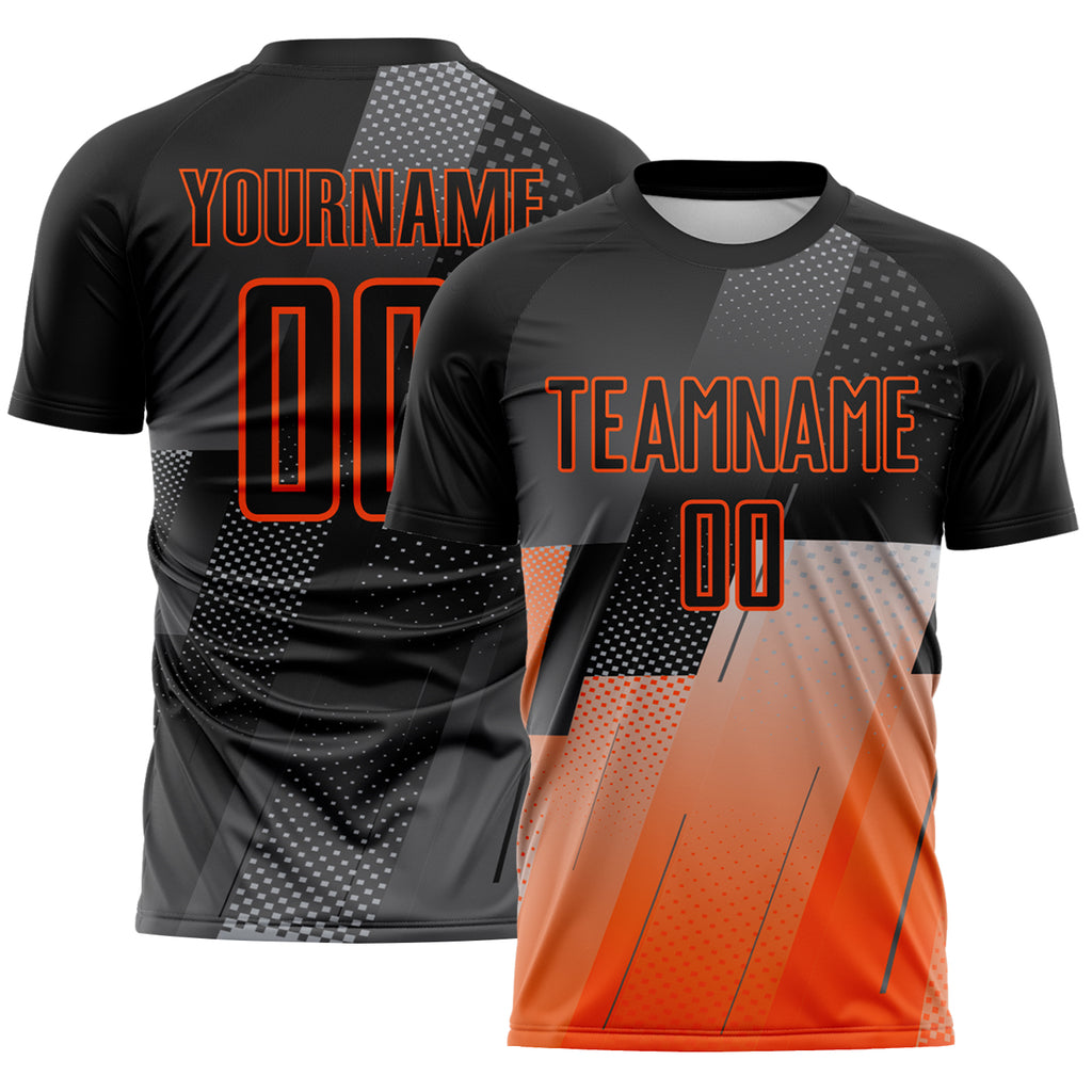 Custom Black Gray-Orange Geometric Diagonal Block Halftone Grid Sublimation Soccer Uniform Jersey