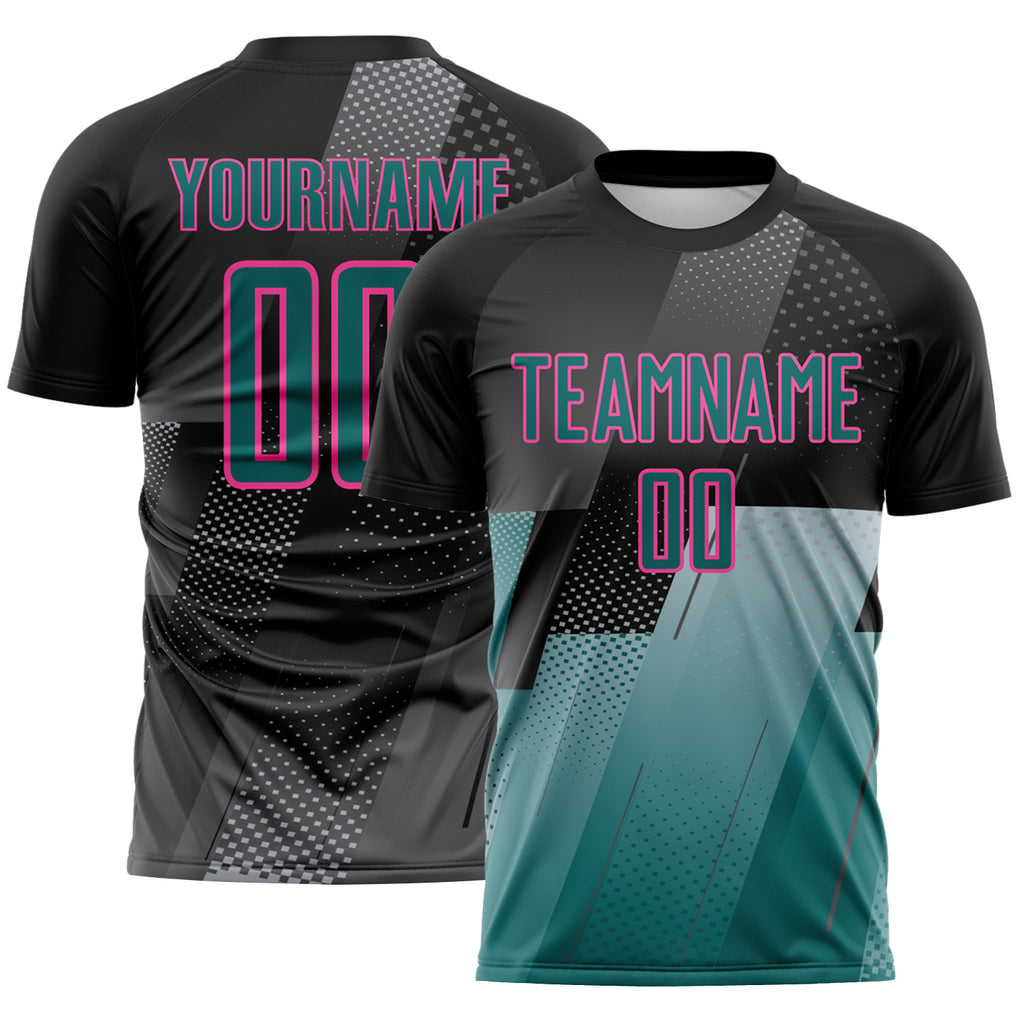 Custom Black Teal Gray-Pink Geometric Diagonal Block Halftone Grid Sublimation Soccer Uniform Jersey