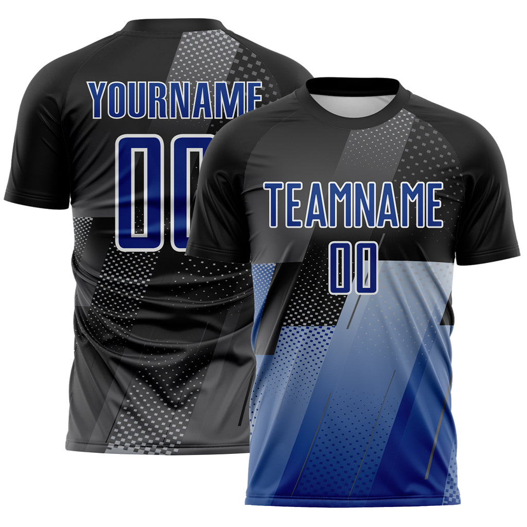 Custom Black Royal Gray-White Geometric Diagonal Block Halftone Grid Sublimation Soccer Uniform Jersey
