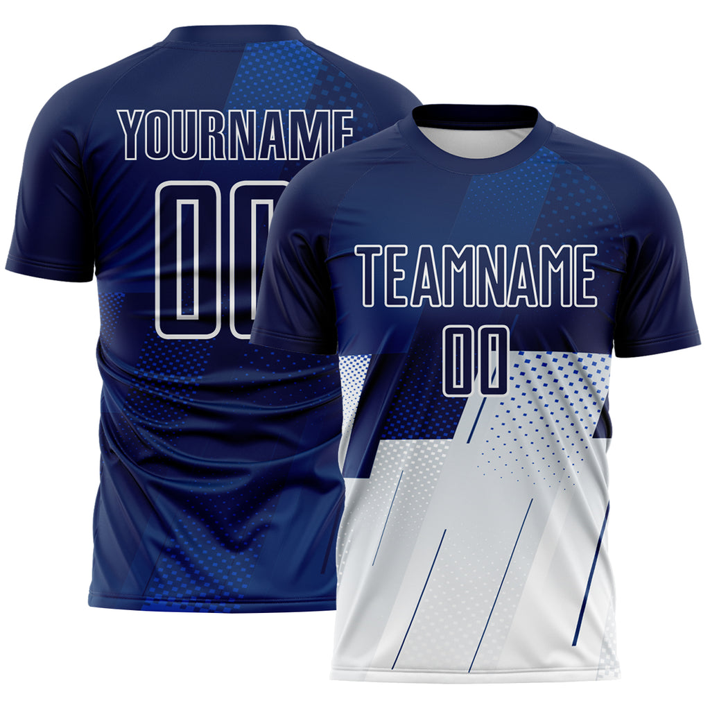 Custom Navy Blue-White Geometric Diagonal Block Halftone Grid Sublimation Soccer Uniform Jersey