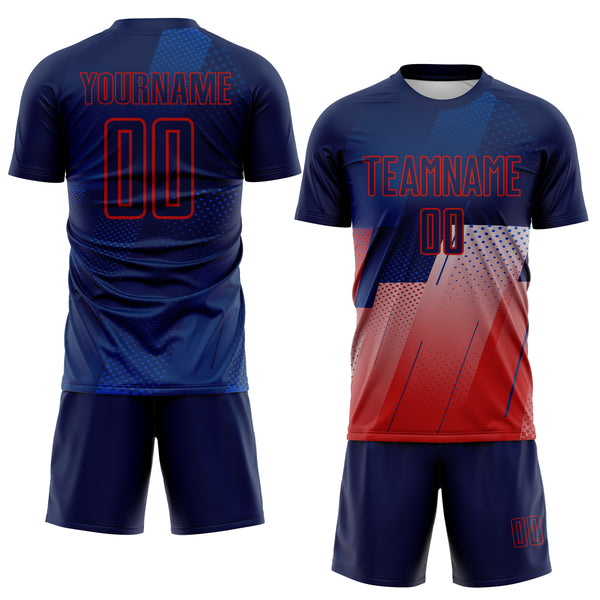 Custom Navy Blue-Red Geometric Diagonal Block Halftone Grid Sublimation Soccer Uniform Jersey