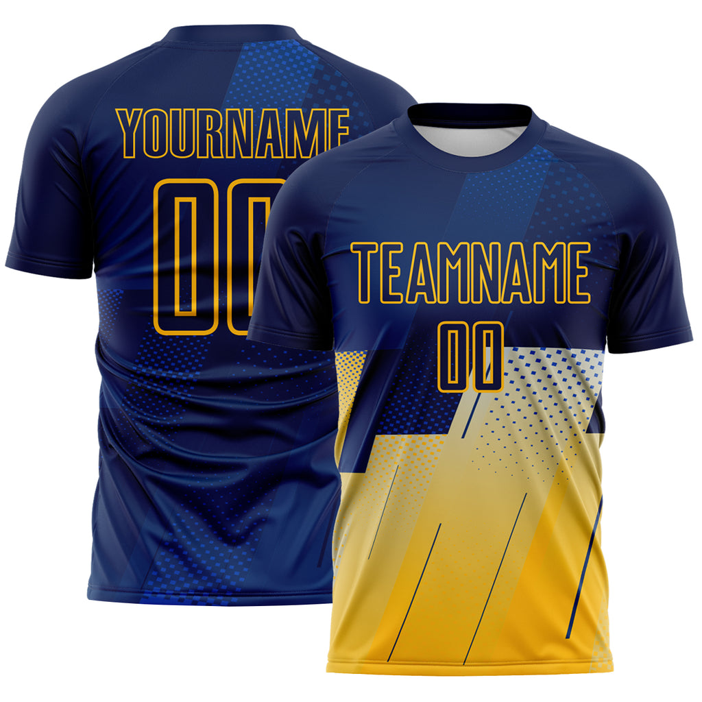 Custom Navy Blue-Gold Geometric Diagonal Block Halftone Grid Sublimation Soccer Uniform Jersey