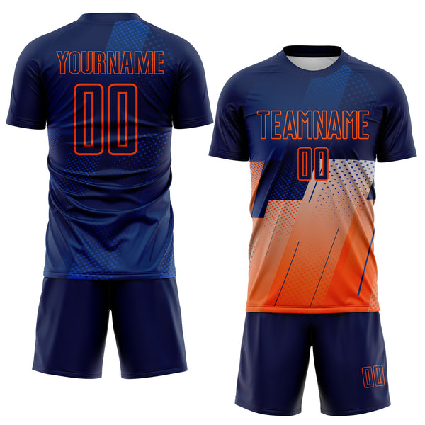 Custom Navy Blue-Orange Geometric Diagonal Block Halftone Grid Sublimation Soccer Uniform Jersey