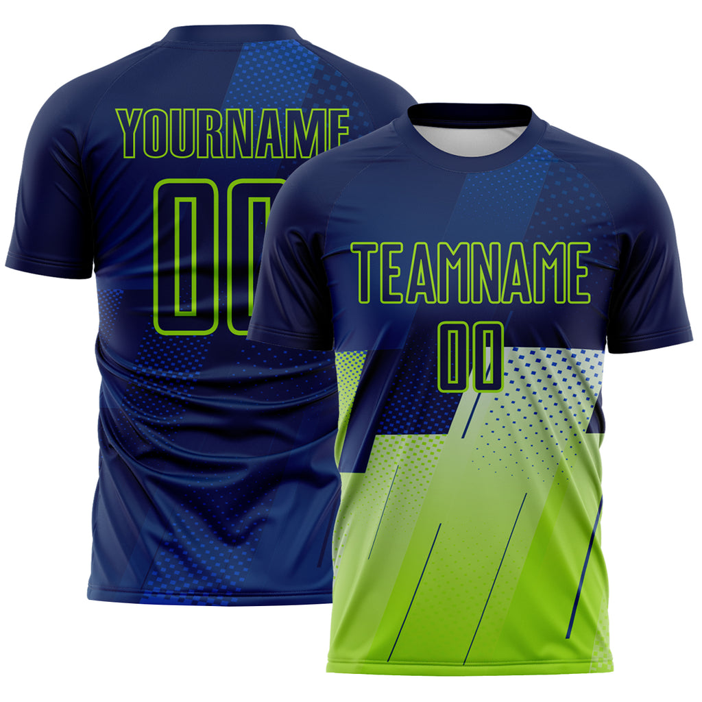 Custom Navy Blue-Neon Green Geometric Diagonal Block Halftone Grid Sublimation Soccer Uniform Jersey