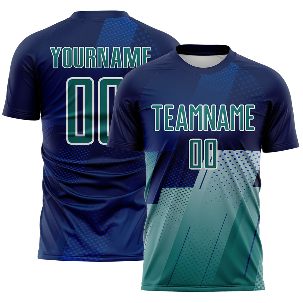Custom Navy Teal Blue-White Geometric Diagonal Block Halftone Grid Sublimation Soccer Uniform Jersey