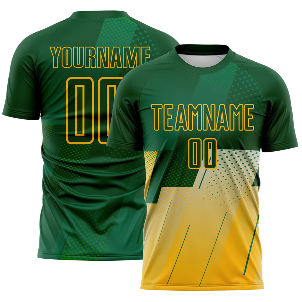 Custom Green-Gold Geometric Diagonal Block Halftone Grid Sublimation Soccer Uniform Jersey