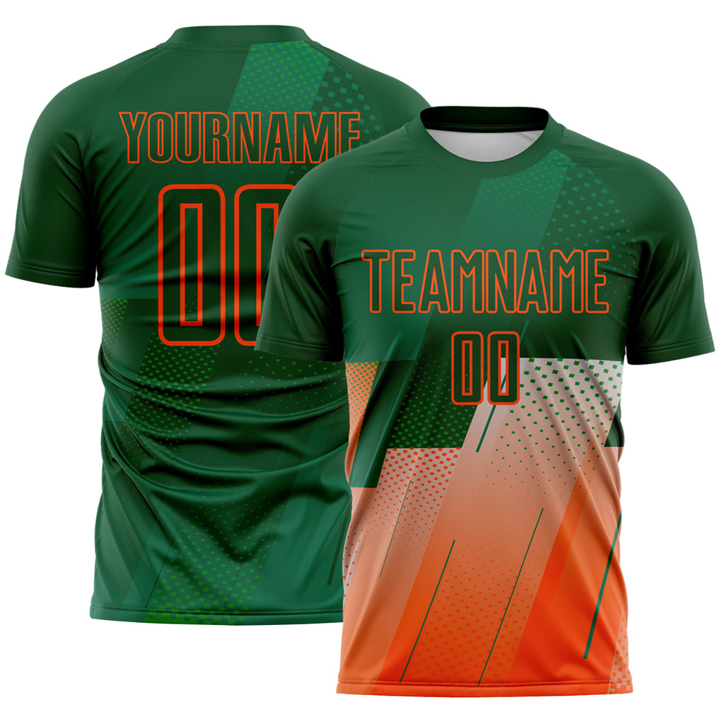 Custom Green-Orange Geometric Diagonal Block Halftone Grid Sublimation Soccer Uniform Jersey