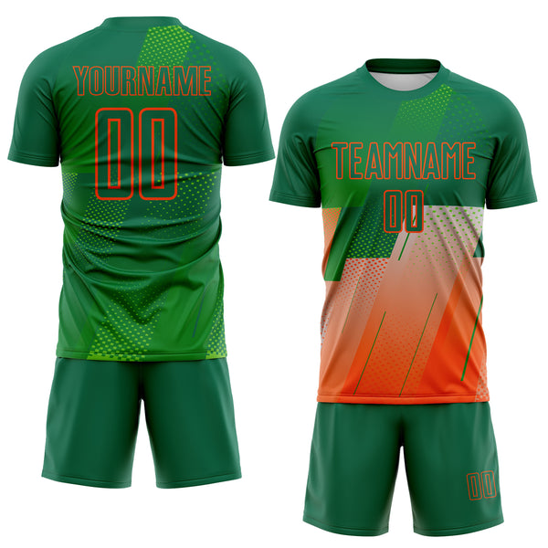 Custom Kelly Green-Orange Geometric Diagonal Block Halftone Grid Sublimation Soccer Uniform Jersey