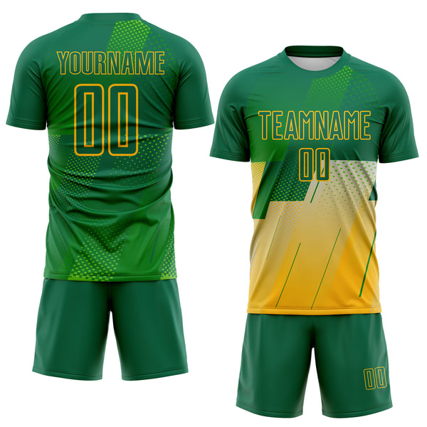 Custom Kelly Green-Gold Geometric Diagonal Block Halftone Grid Sublimation Soccer Uniform Jersey