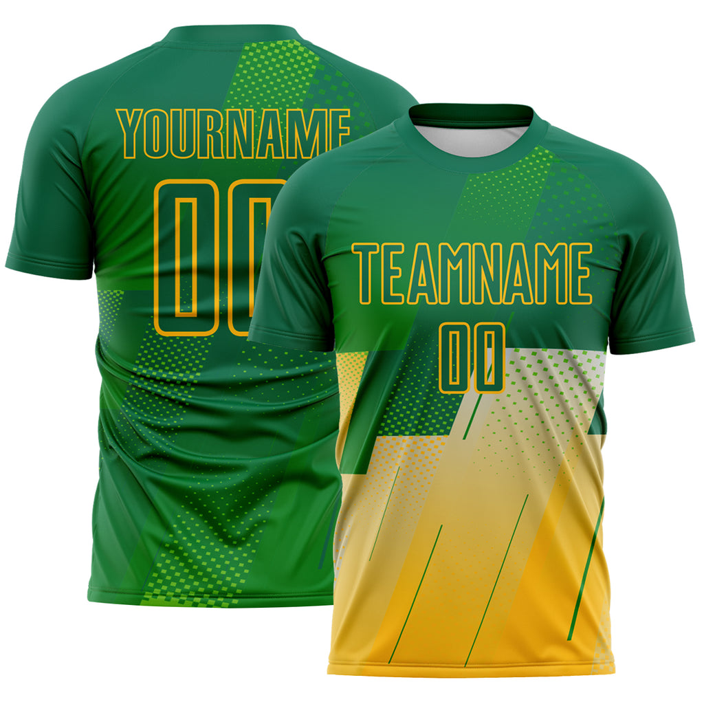 Custom Kelly Green-Gold Geometric Diagonal Block Halftone Grid Sublimation Soccer Uniform Jersey