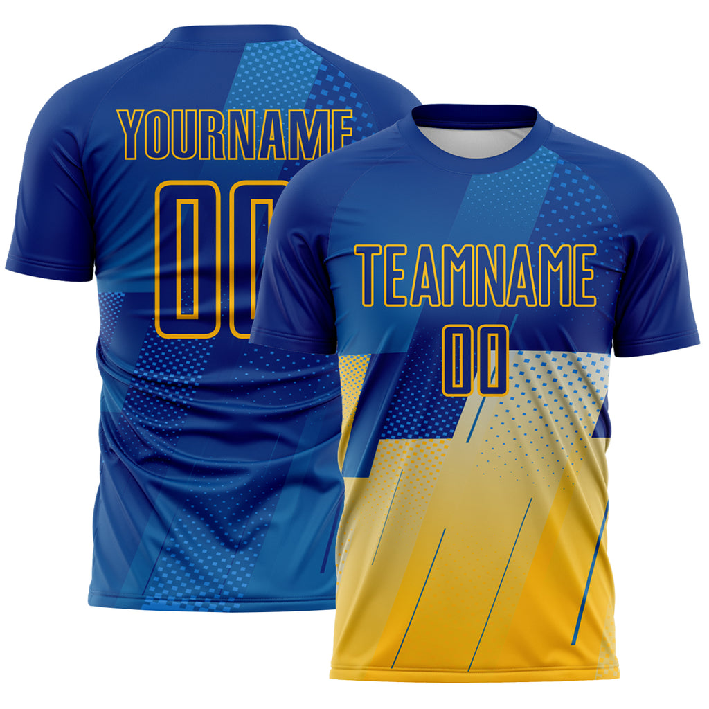 Custom Royal Blue-Gold Geometric Diagonal Block Halftone Grid Sublimation Soccer Uniform Jersey