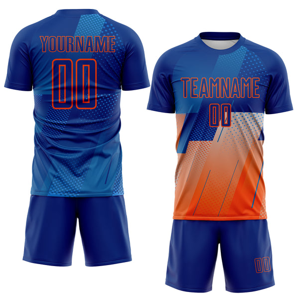 Custom Royal Blue-Orange Geometric Diagonal Block Halftone Grid Sublimation Soccer Uniform Jersey
