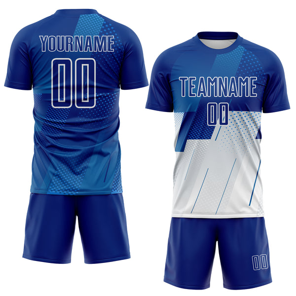 Custom Royal Blue-White Geometric Diagonal Block Halftone Grid Sublimation Soccer Uniform Jersey