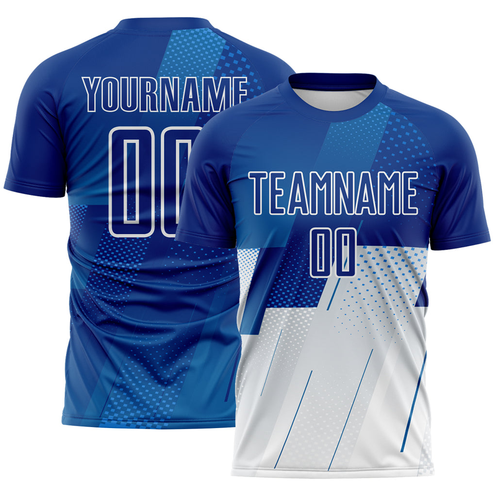 Custom Royal Blue-White Geometric Diagonal Block Halftone Grid Sublimation Soccer Uniform Jersey
