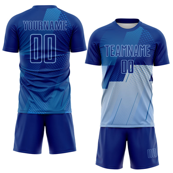Custom Royal Blue-Light Blue Geometric Diagonal Block Halftone Grid Sublimation Soccer Uniform Jersey
