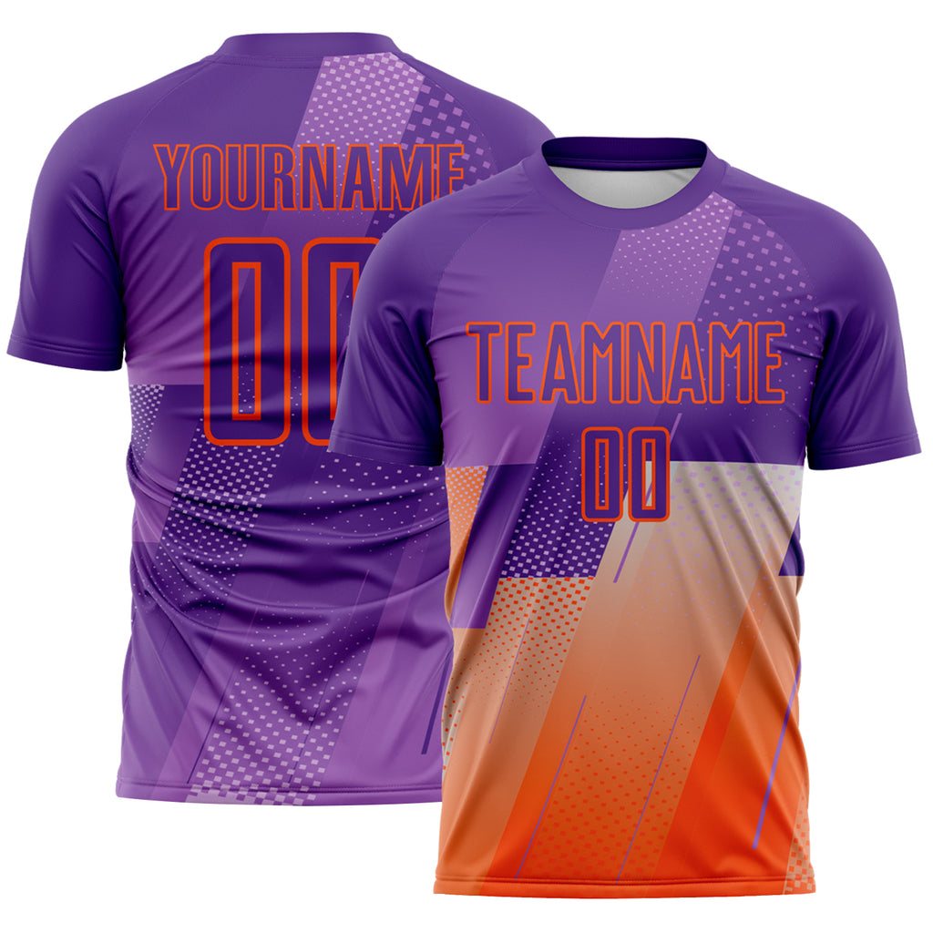 Custom Purple-Orange Geometric Diagonal Block Halftone Grid Sublimation Soccer Uniform Jersey