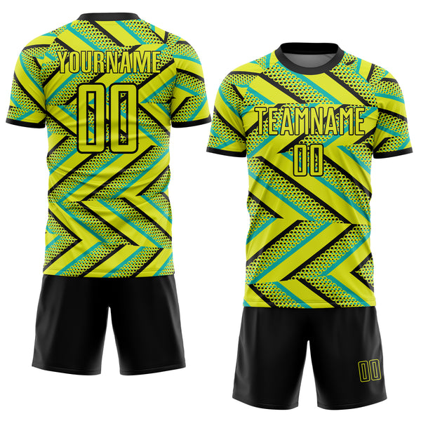 Custom Neon Yellow Black-Aqua Geometric Chevron Halftone Dot Australia Style Sublimation Soccer Uniform Jersey