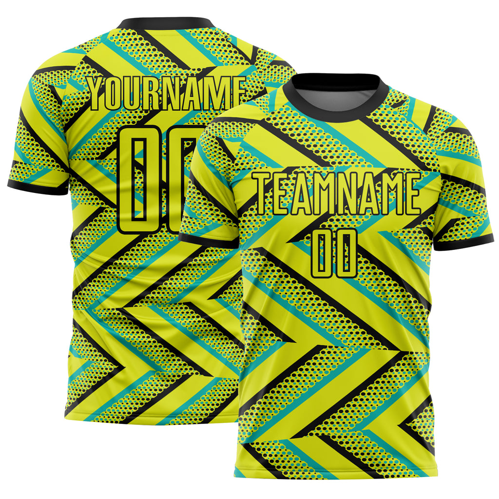 Custom Neon Yellow Black-Aqua Geometric Chevron Halftone Dot Australia Style Sublimation Soccer Uniform Jersey
