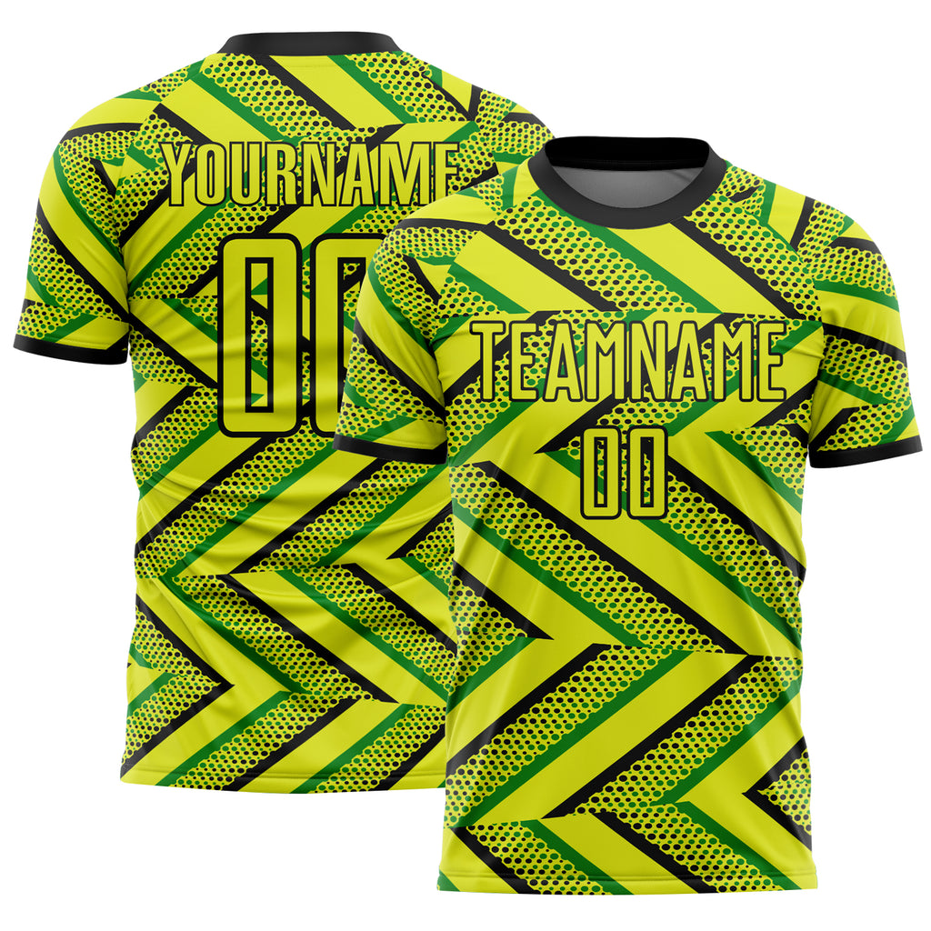 Custom Neon Yellow Black-Green Geometric Chevron Halftone Dot Australia Style Sublimation Soccer Uniform Jersey