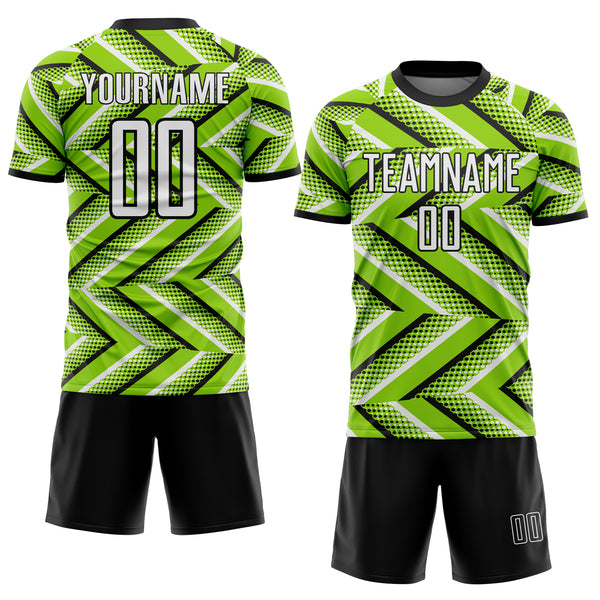 Custom Neon Green Black-White Geometric Chevron Halftone Dot Sublimation Soccer Uniform Jersey