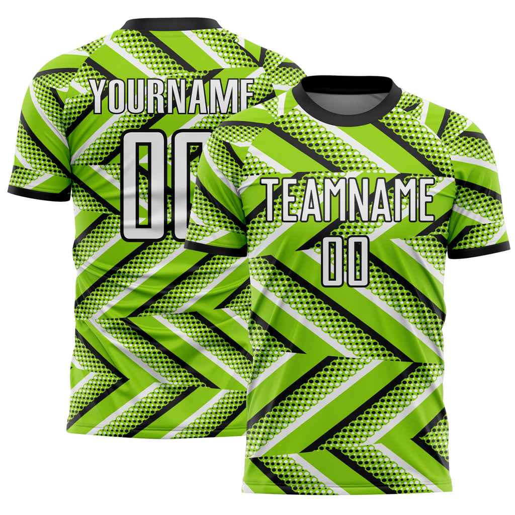 Custom Neon Green Black-White Geometric Chevron Halftone Dot Sublimation Soccer Uniform Jersey