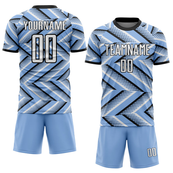 Custom Light Blue White-Black Geometric Chevron Halftone Dot Sublimation Soccer Uniform Jersey