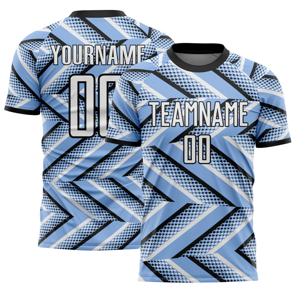 Custom Light Blue White-Black Geometric Chevron Halftone Dot Sublimation Soccer Uniform Jersey