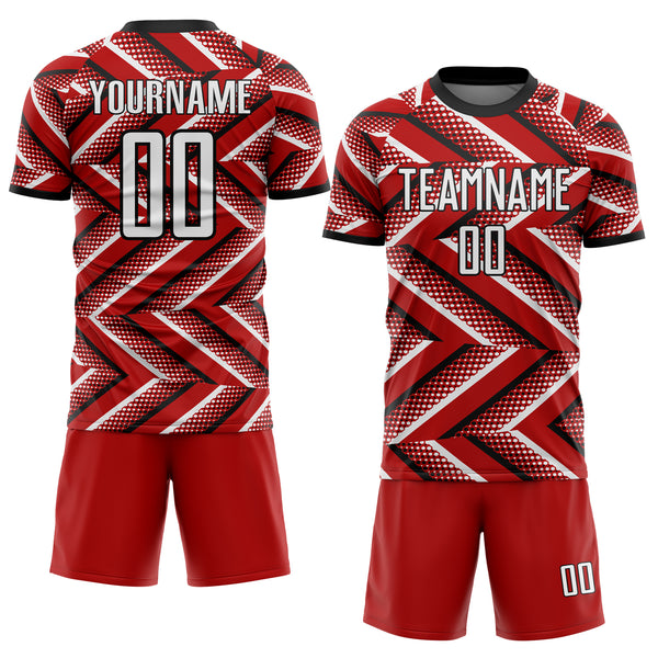 Custom Red White-Black Geometric Chevron Halftone Dot Sublimation Soccer Uniform Jersey