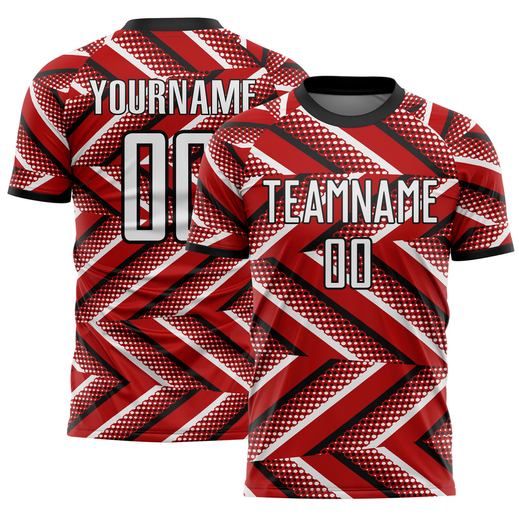 Custom Red White-Black Geometric Chevron Halftone Dot Sublimation Soccer Uniform Jersey