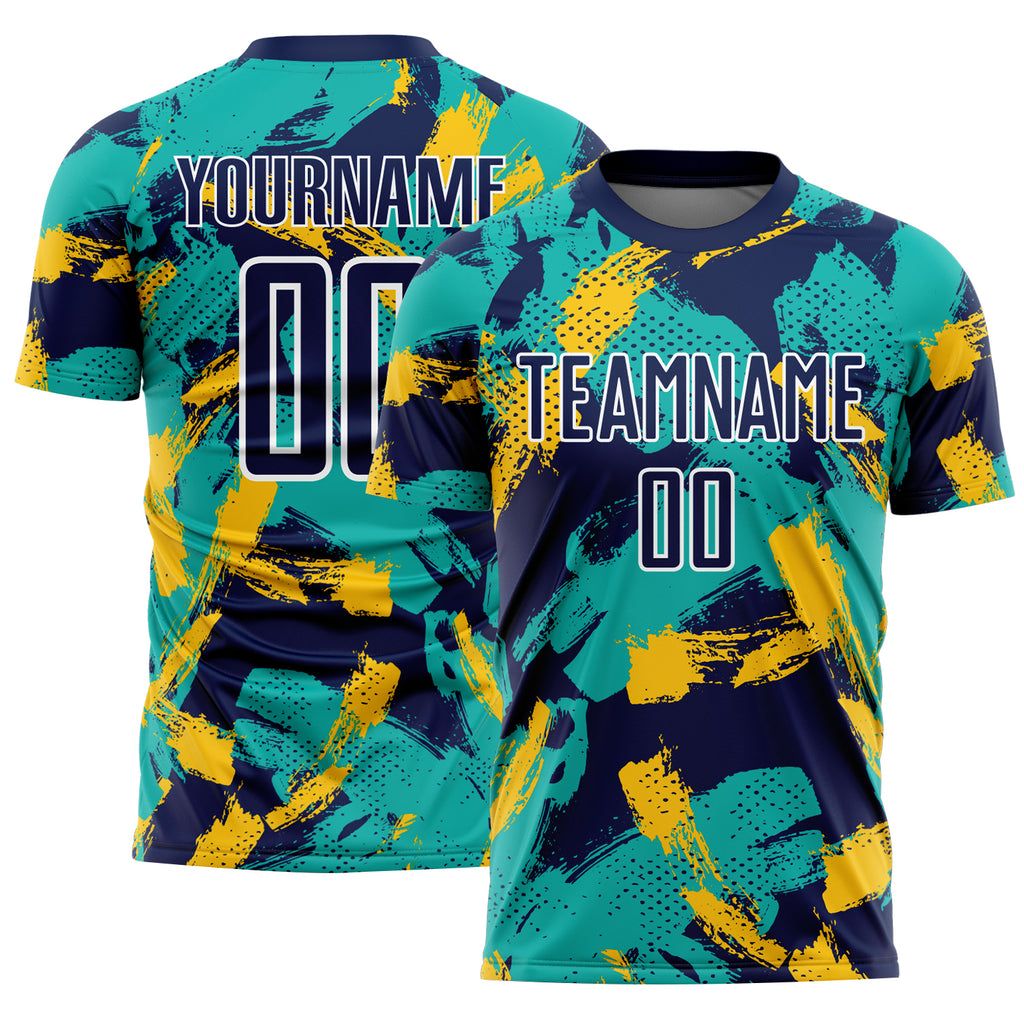 Custom Navy Aqua Yellow-White Brush Stroke Splatter Australia Style Sublimation Soccer Uniform Jersey