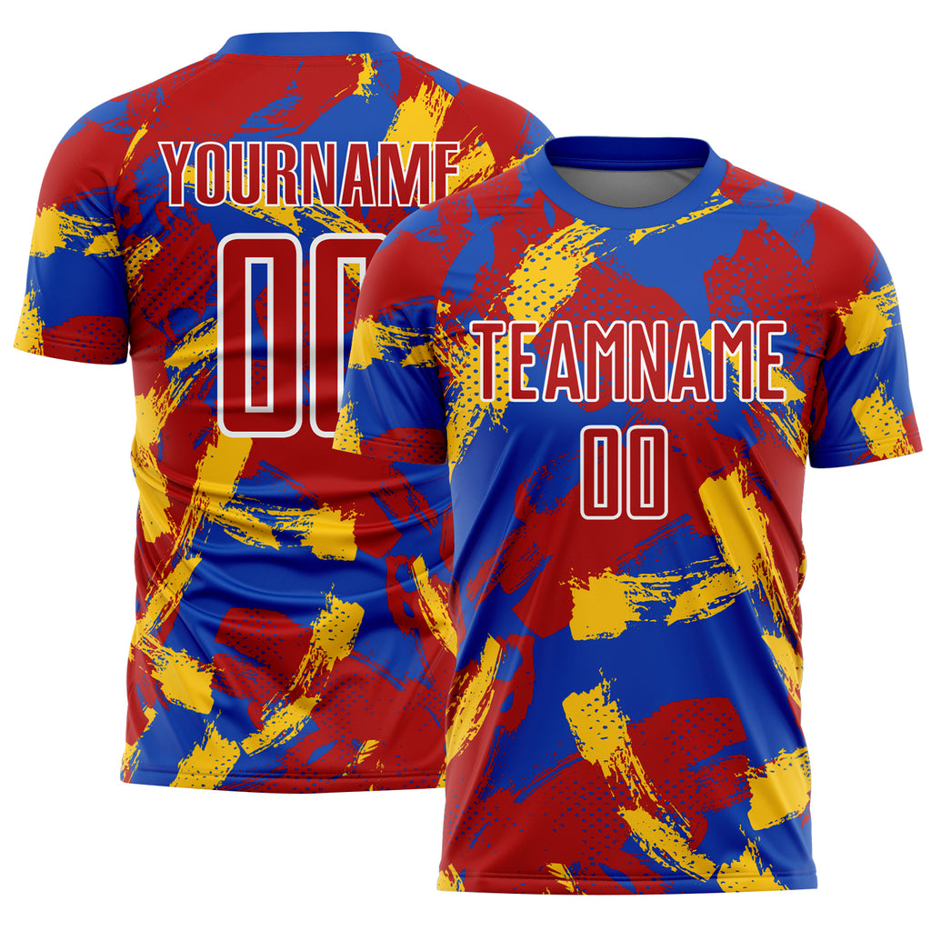 Custom Thunder Blue Red Yellow-White Brush Stroke Splatter Sublimation Soccer Uniform Jersey