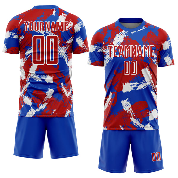 Custom Thunder Blue Red-White Brush Stroke Splatter Sublimation Soccer Uniform Jersey