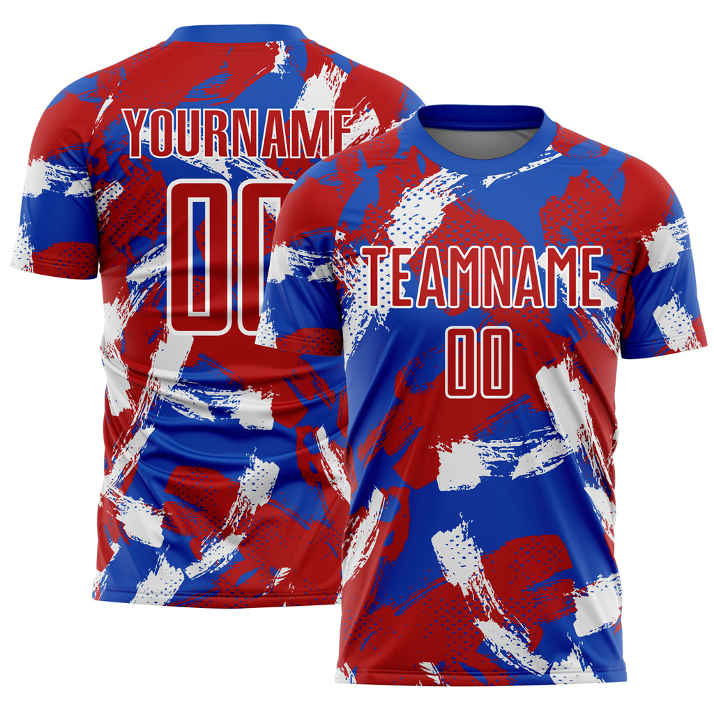 Custom Thunder Blue Red-White Brush Stroke Splatter Sublimation Soccer Uniform Jersey
