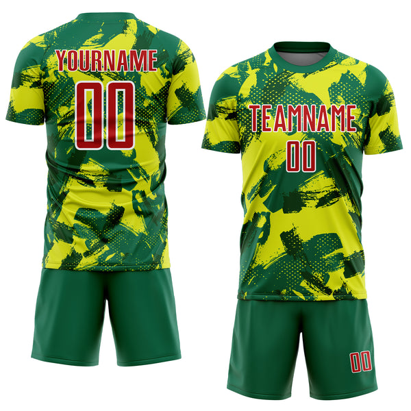 Custom Kelly Green Red Neon Yellow-White Brush Stroke Splatter Australia Style Sublimation Soccer Uniform Jersey