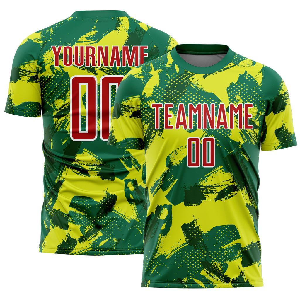 Custom Kelly Green Red Neon Yellow-White Brush Stroke Splatter Australia Style Sublimation Soccer Uniform Jersey