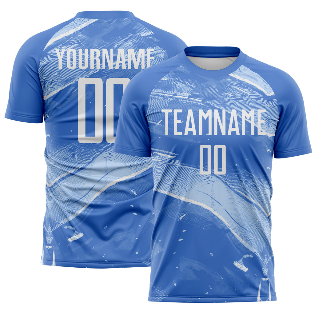 Custom Light Blue-White Flowing Wave Sublimation Soccer Uniform Jersey