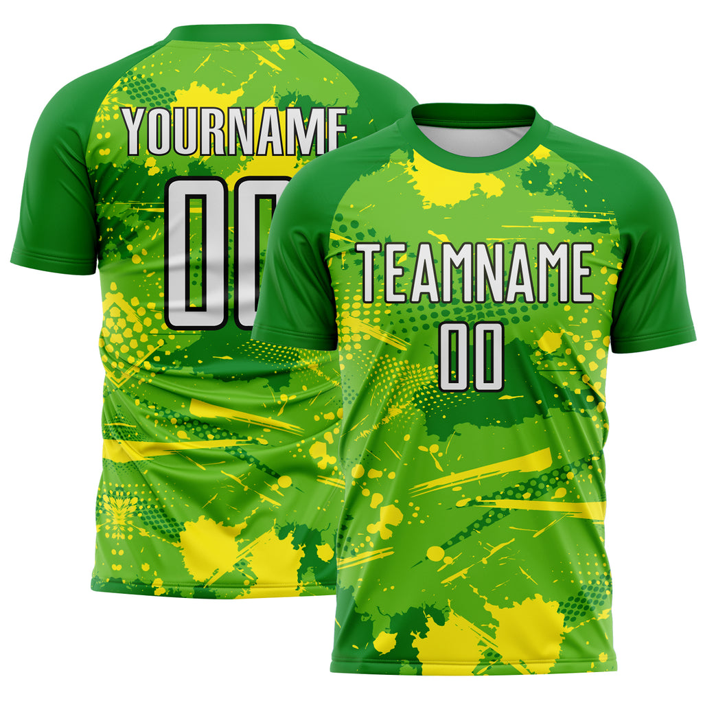 Custom Green White Light Yellow-Black Paint Splatter Halftone Dot Australia Style Sublimation Soccer Uniform Jersey
