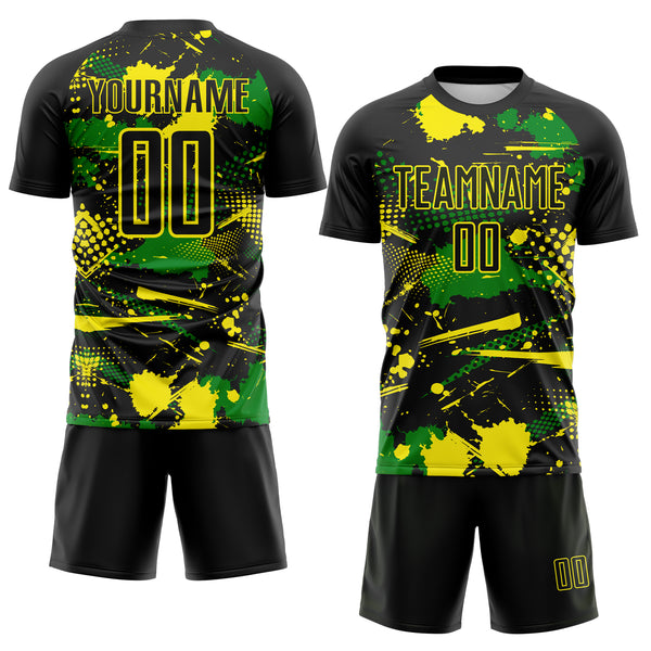 Custom Black Light Yellow-Grass Green Paint Splatter Halftone Dot Sublimation Soccer Uniform Jersey