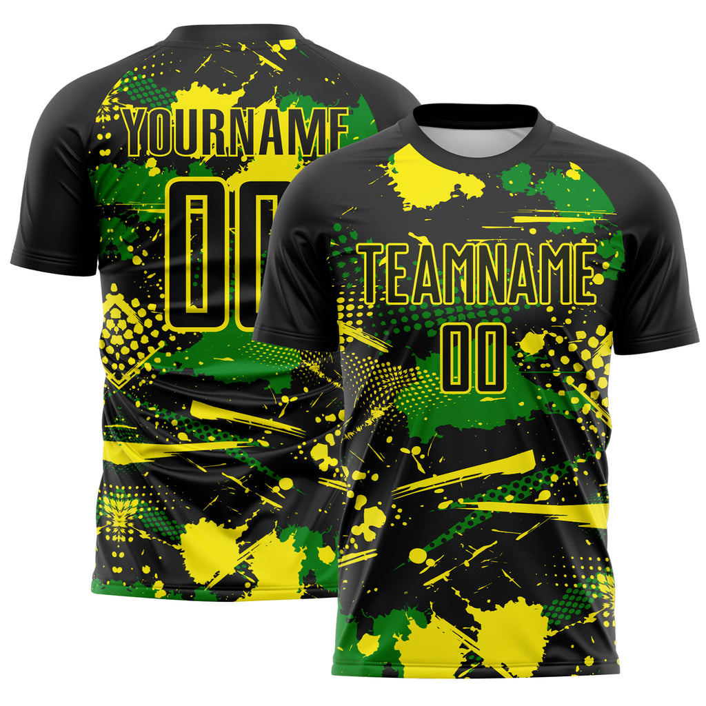 Custom Black Light Yellow-Grass Green Paint Splatter Halftone Dot Sublimation Soccer Uniform Jersey
